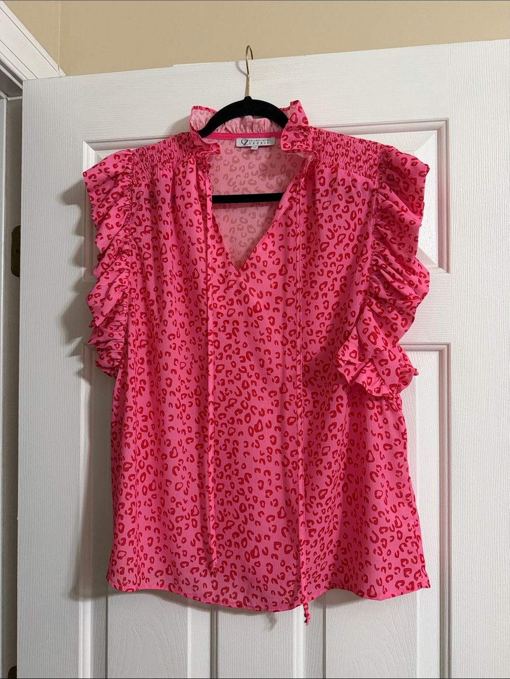 Collection by Cezele Pink Leopard Animal Print Ruffle Sleeve V Neck Blouse